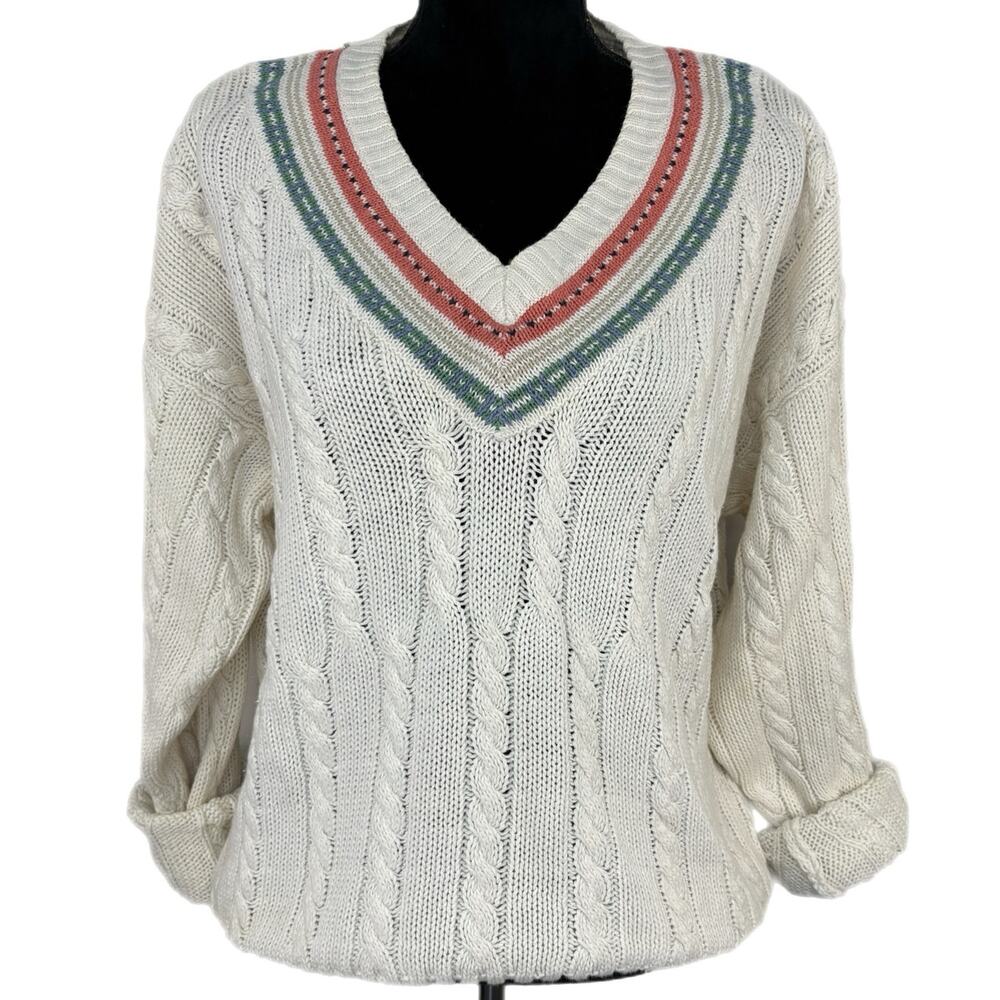Y2K Cable Knit Sweater - Heavy Preppy V Neck - Dark Academia - Size L